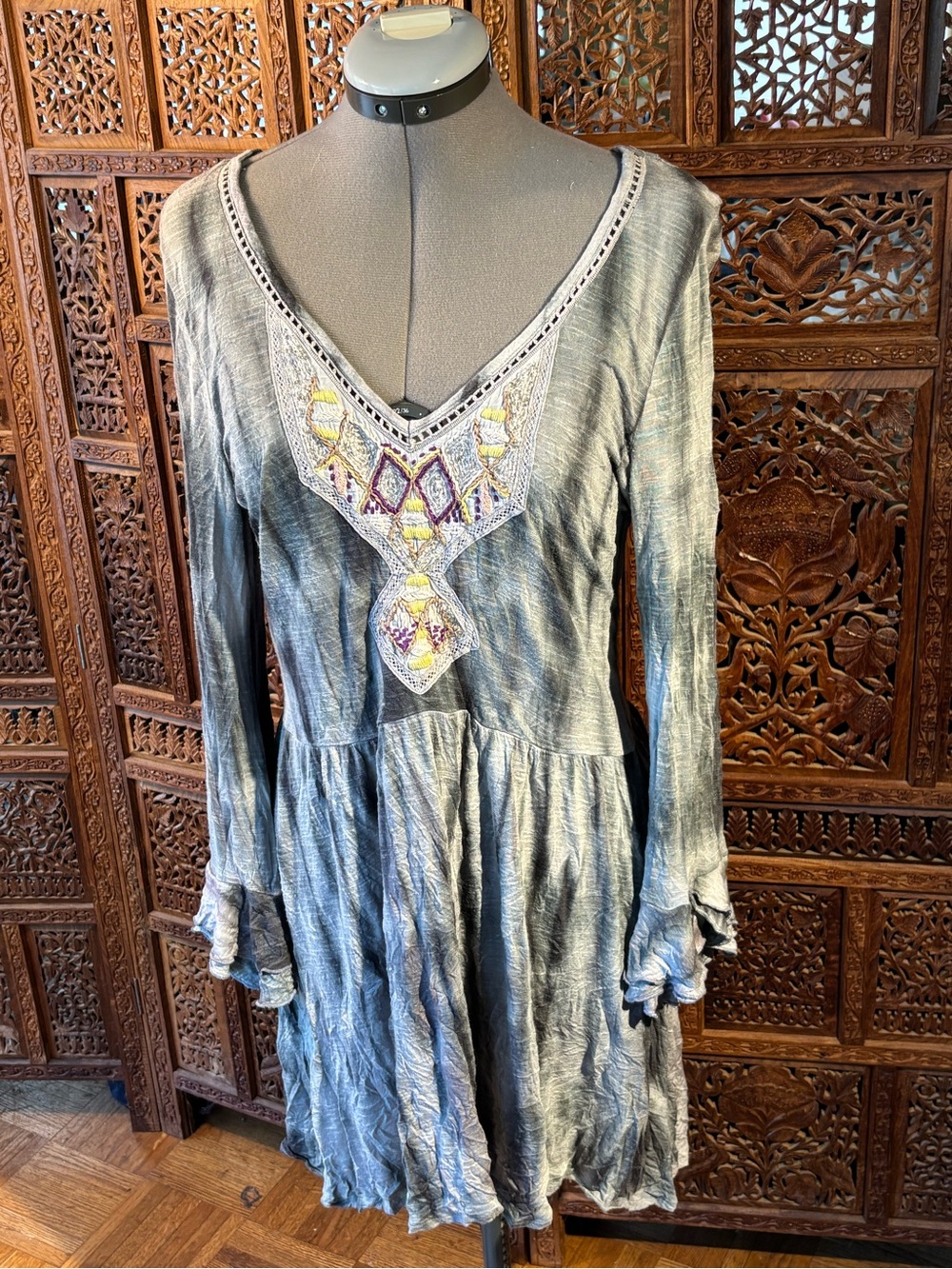 Free People Washed Gray Embroidered V-Neck Midi Dress